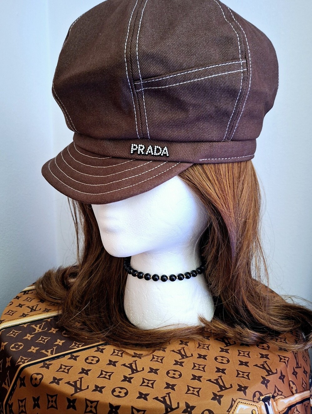PRADA BROWN BERET HAT with CRYSTAL LETTER LOGO - Picture 5 of 12